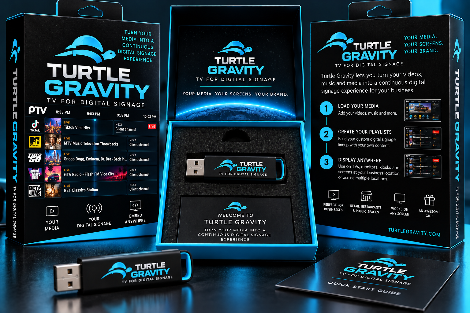 Turtle Gravity TV for Digital Signage — blue USB retail package
