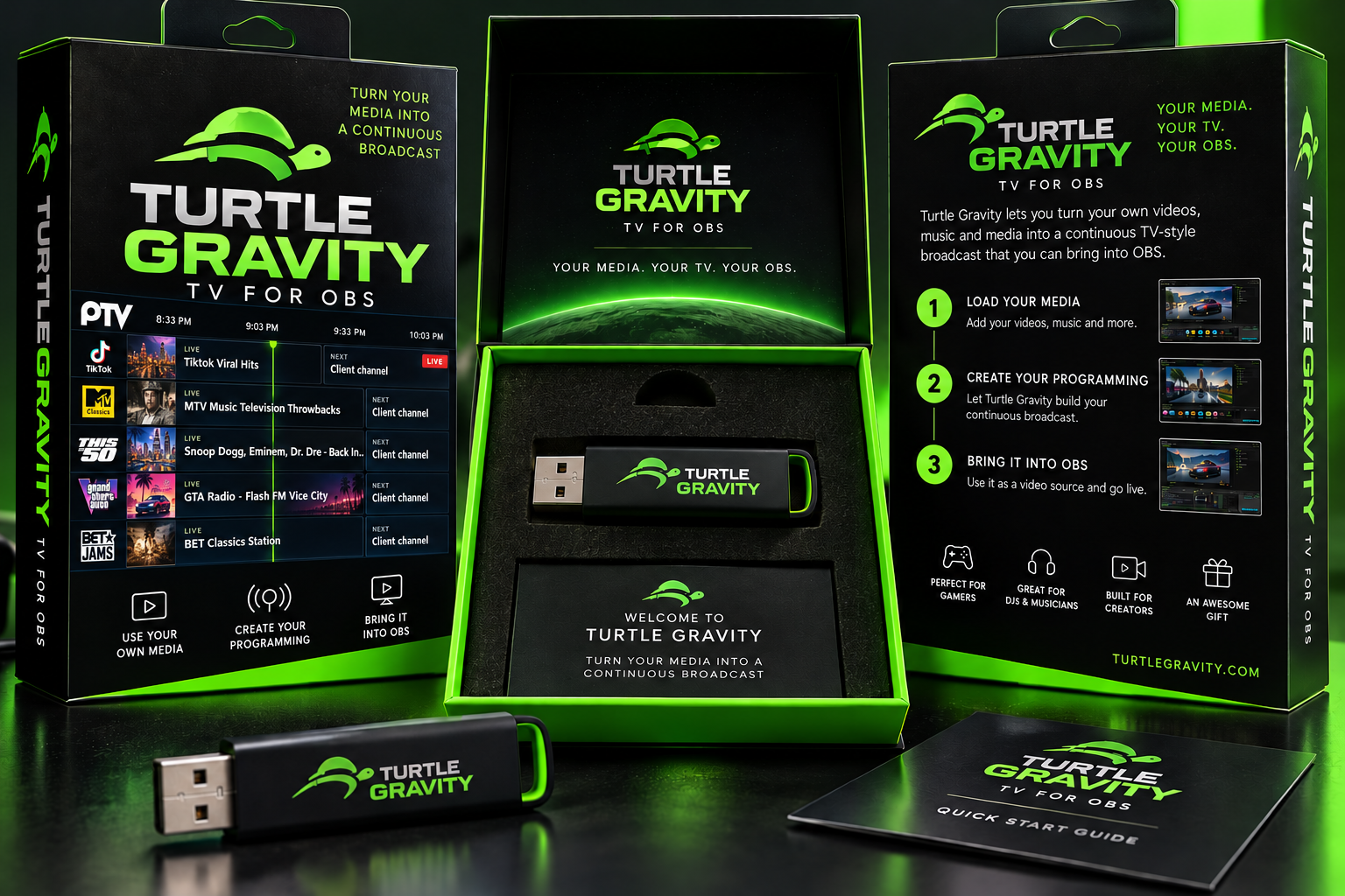Turtle Gravity TV for OBS — green USB retail package